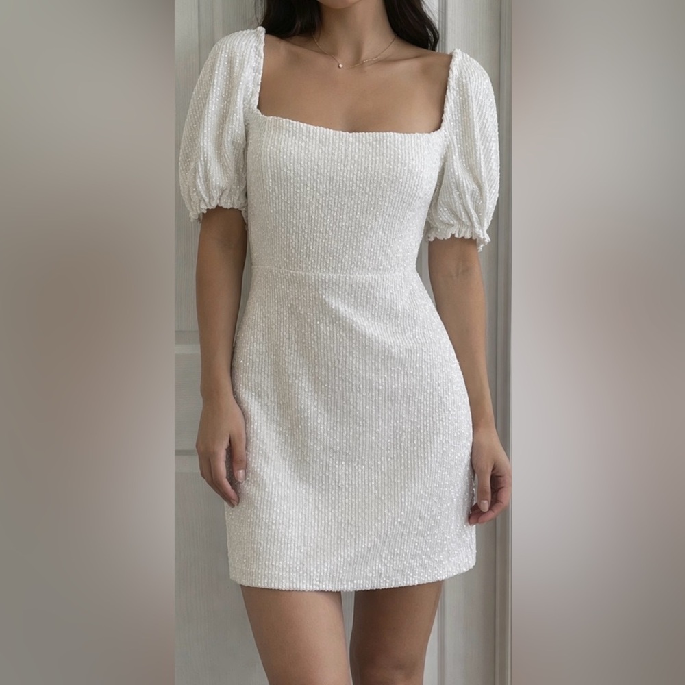bebe White Sequin Mini Dress Puff Sleeve Square Neck Size 12